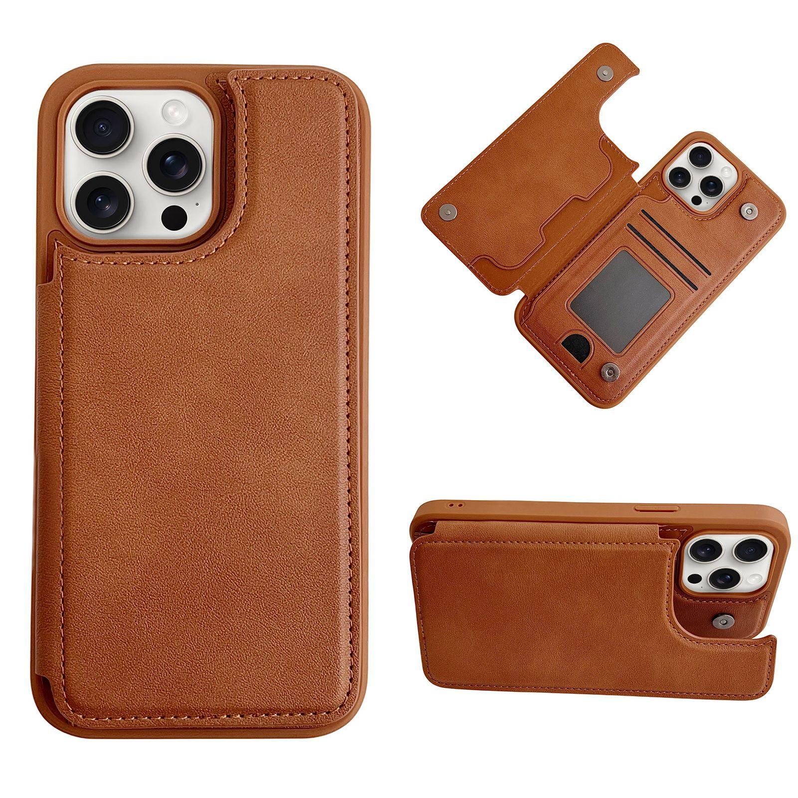 For iPhone 15 Pro Magnetic Snap Multifunctional Card Wallet Holder Phone Case(Brown) - Shopkiz.com