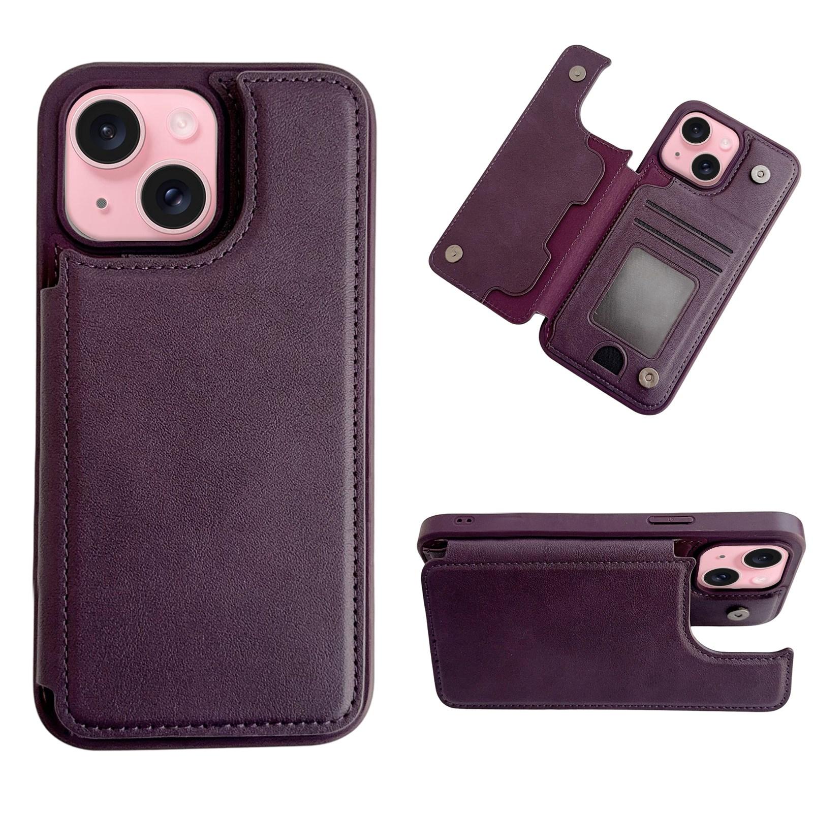 For iPhone 15 Magnetic Snap Multifunctional Card Wallet Holder Phone Case(Purple) - Shopkiz.com