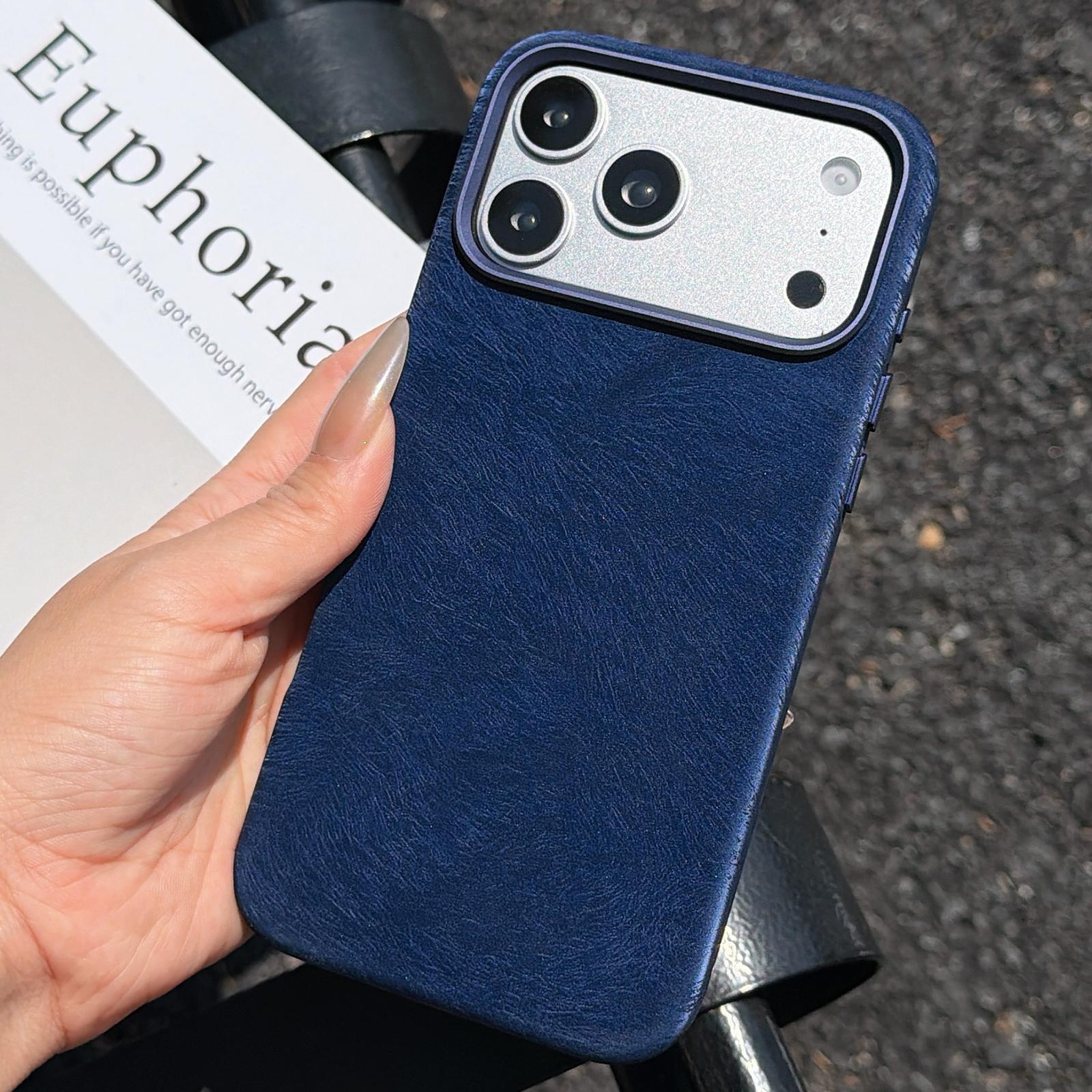 For iPhone 17 Pro Horsehair Pattern Magnetic Full Coverage TPU Phone Case(Dark Blue) - Shopkiz.com