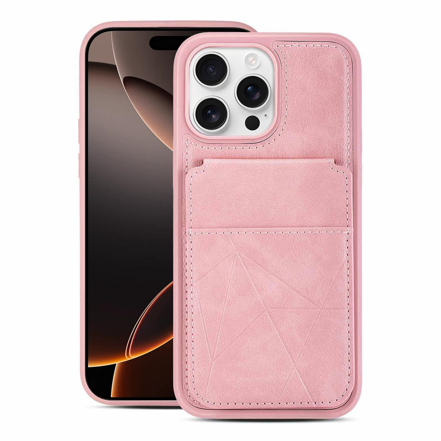 For iPhone 16 Pro Max Multifunctional Vertical Flip Card Wallet Holder Vegan Leather Back Phone Case(Pink) - Shopkiz.com