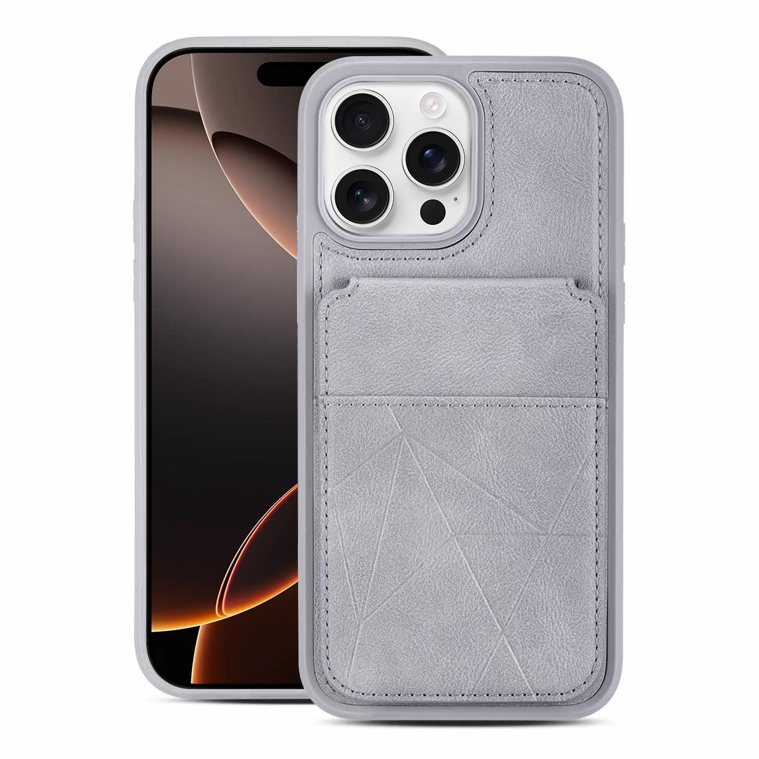 For iPhone 16 Pro Max Multifunctional Vertical Flip Card Wallet Holder Vegan Leather Back Phone Case(Grey) - Shopkiz.com