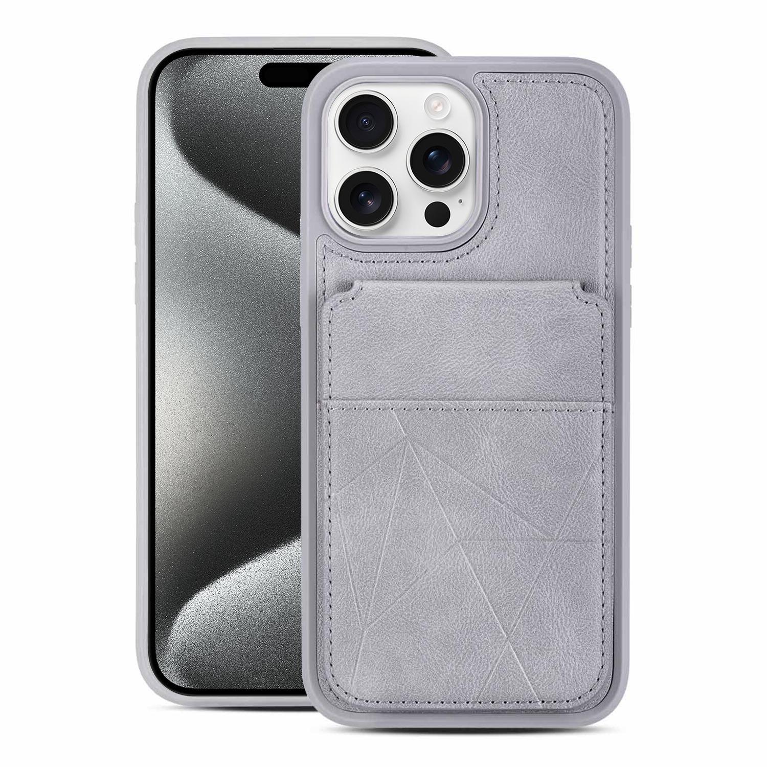 For iPhone 15 Pro Multifunctional Vertical Flip Card Wallet Holder Vegan Leather Back Phone Case(Grey) - Shopkiz.com