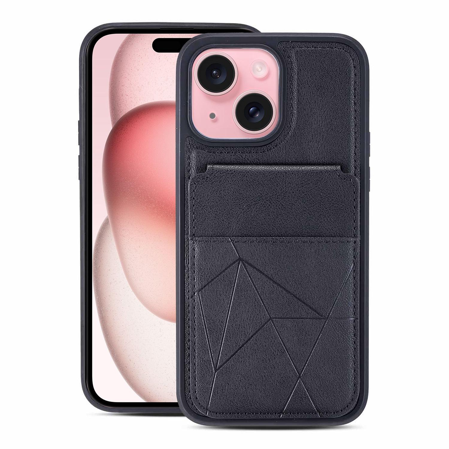 For iPhone 15 Multifunctional Vertical Flip Card Wallet Holder Vegan Leather Back Phone Case(Black) - Shopkiz.com
