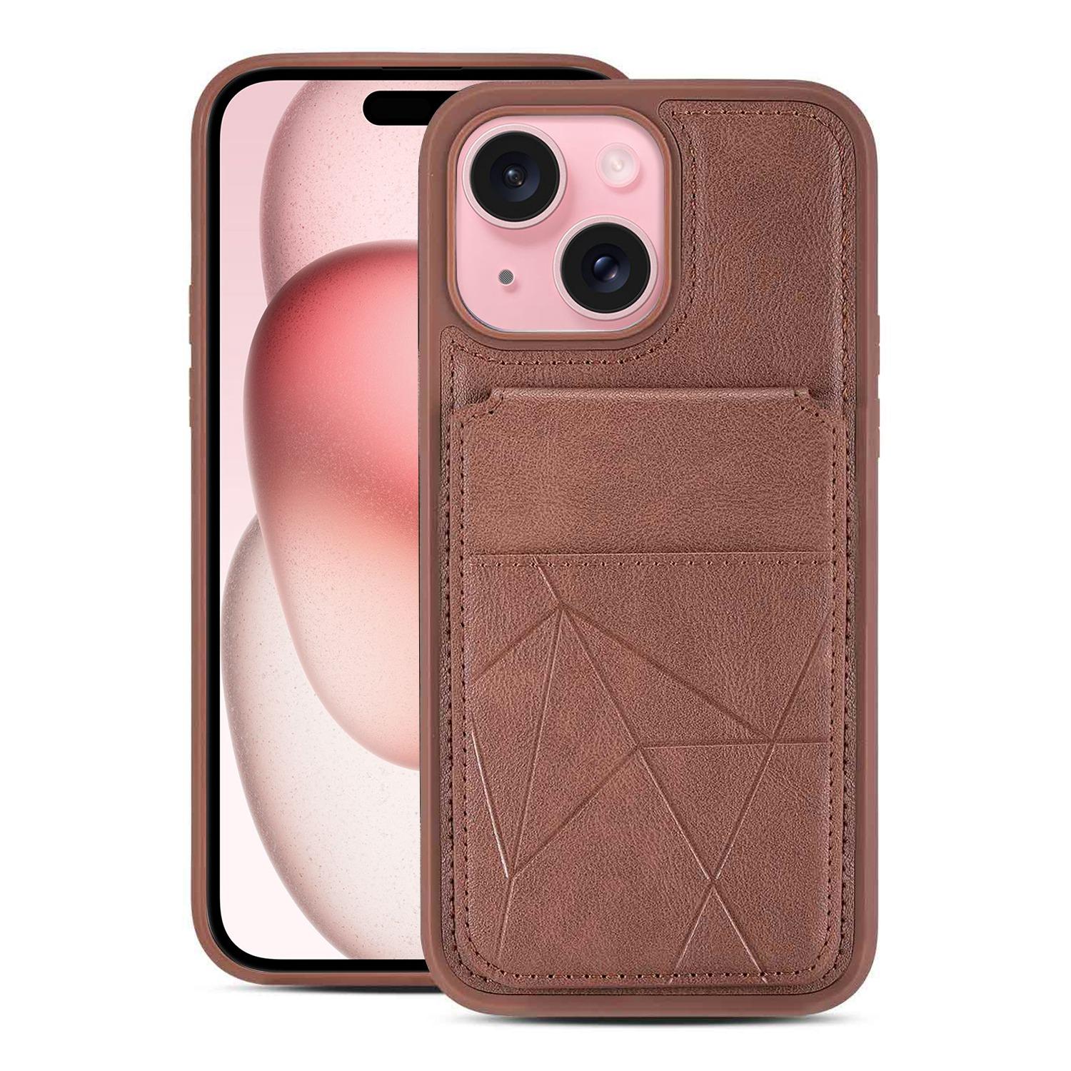 For iPhone 15 Multifunctional Vertical Flip Card Wallet Holder Vegan Leather Back Phone Case(Coffee) - Shopkiz.com