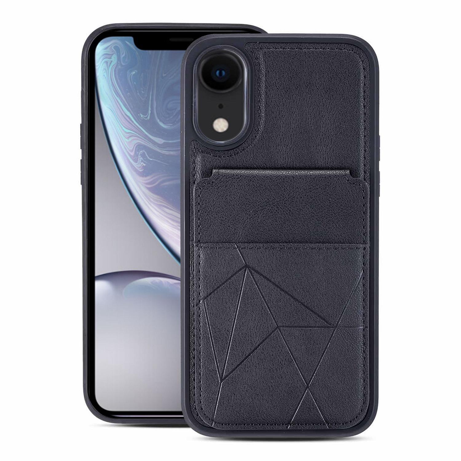 For iPhone XR Multifunctional Vertical Flip Card Wallet Holder Vegan Leather Back Phone Case(Black) - Shopkiz.com