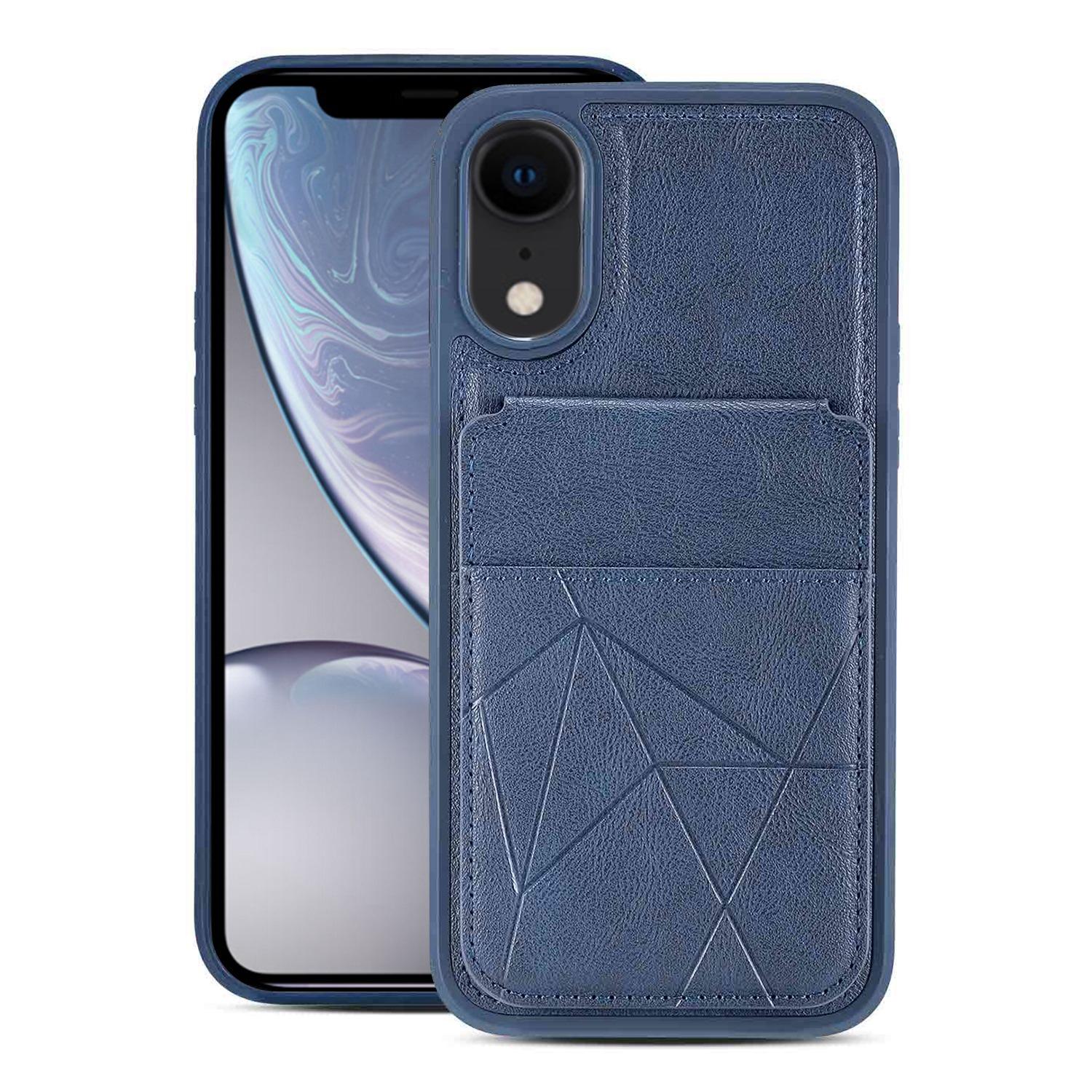 For iPhone XR Multifunctional Vertical Flip Card Wallet Holder Vegan Leather Back Phone Case(Blue) - Shopkiz.com