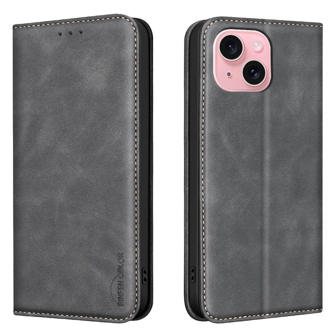 For iPhone 15 BINFEN COLOR Calfskin Texture Magnetic RFID Vegan Leather Phone Case(Black) - Shopkiz.com