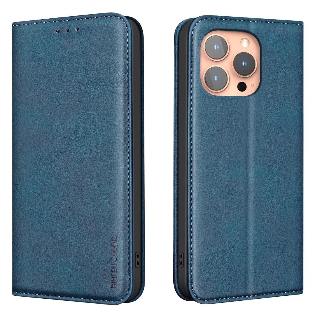 For iPhone 14 Pro Max BINFEN COLOR Calfskin Texture Magnetic RFID Vegan Leather Phone Case(Blue) - Shopkiz.com