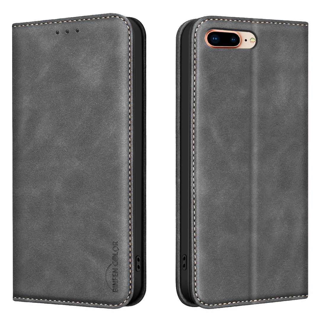 For iPhone 8 Plus/6 Plus/7 Plus BINFEN COLOR Calfskin Texture Magnetic RFID Vegan Leather Phone Case(Black) - Shopkiz.com