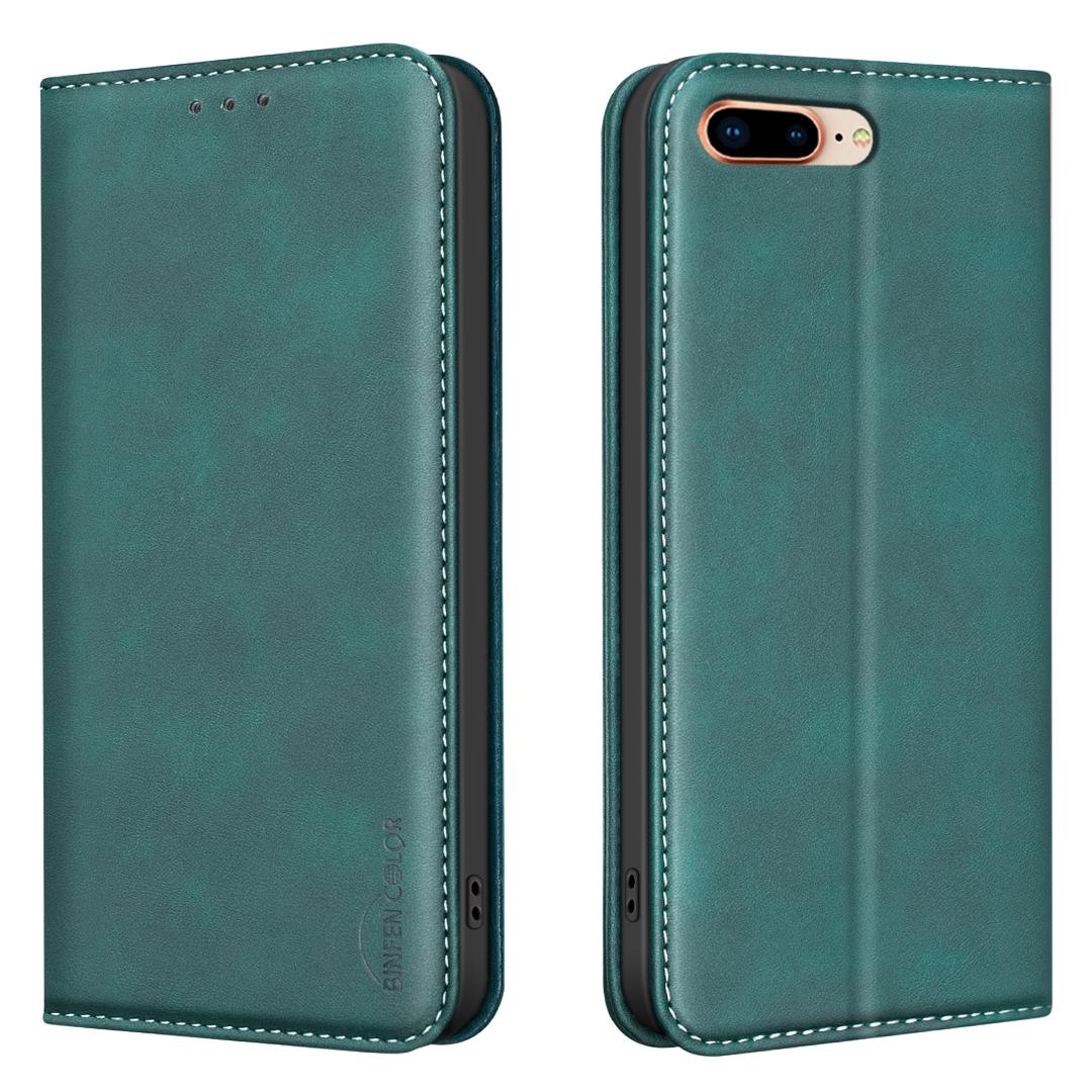 For iPhone 8 Plus/6 Plus/7 Plus BINFEN COLOR Calfskin Texture Magnetic RFID Vegan Leather Phone Case(Green) - Shopkiz.com