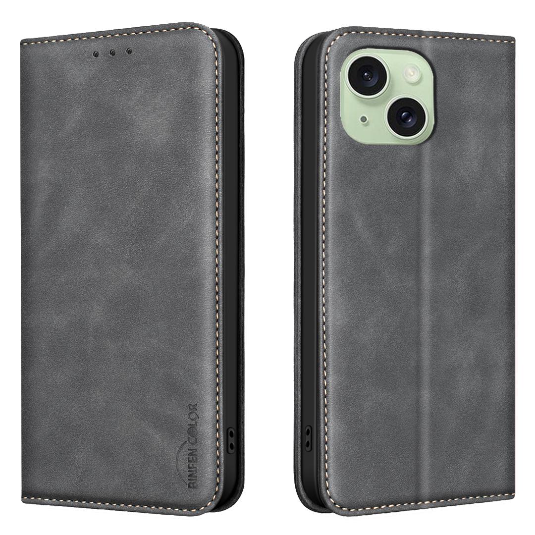 For iPhone 14 Plus / 15 Plus BINFEN COLOR Calfskin Texture Magnetic RFID Vegan Leather Phone Case(Black) - Shopkiz.com