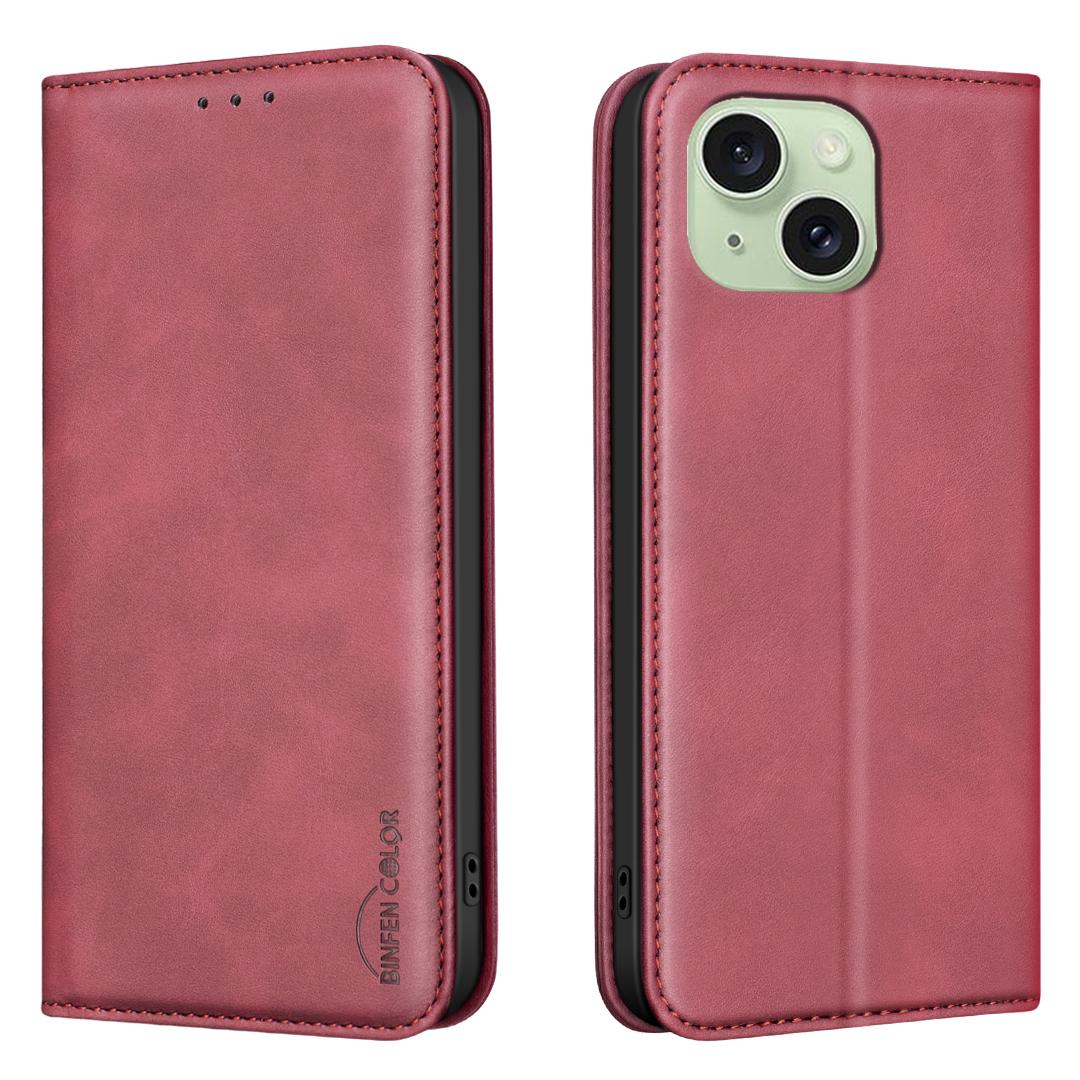 For iPhone 14 Plus / 15 Plus BINFEN COLOR Calfskin Texture Magnetic RFID Vegan Leather Phone Case(Red) - Shopkiz.com