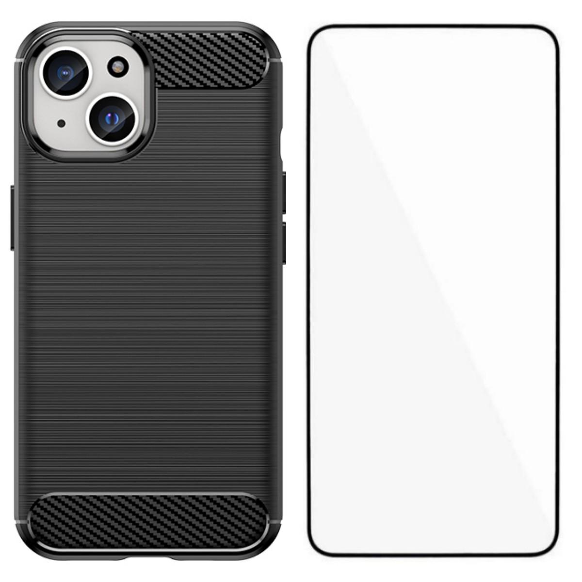 For iPhone 14 WANLONFENG Brushed Texture Shockproof TPU Phone Case with Screen Film(Black) - Shopkiz.com