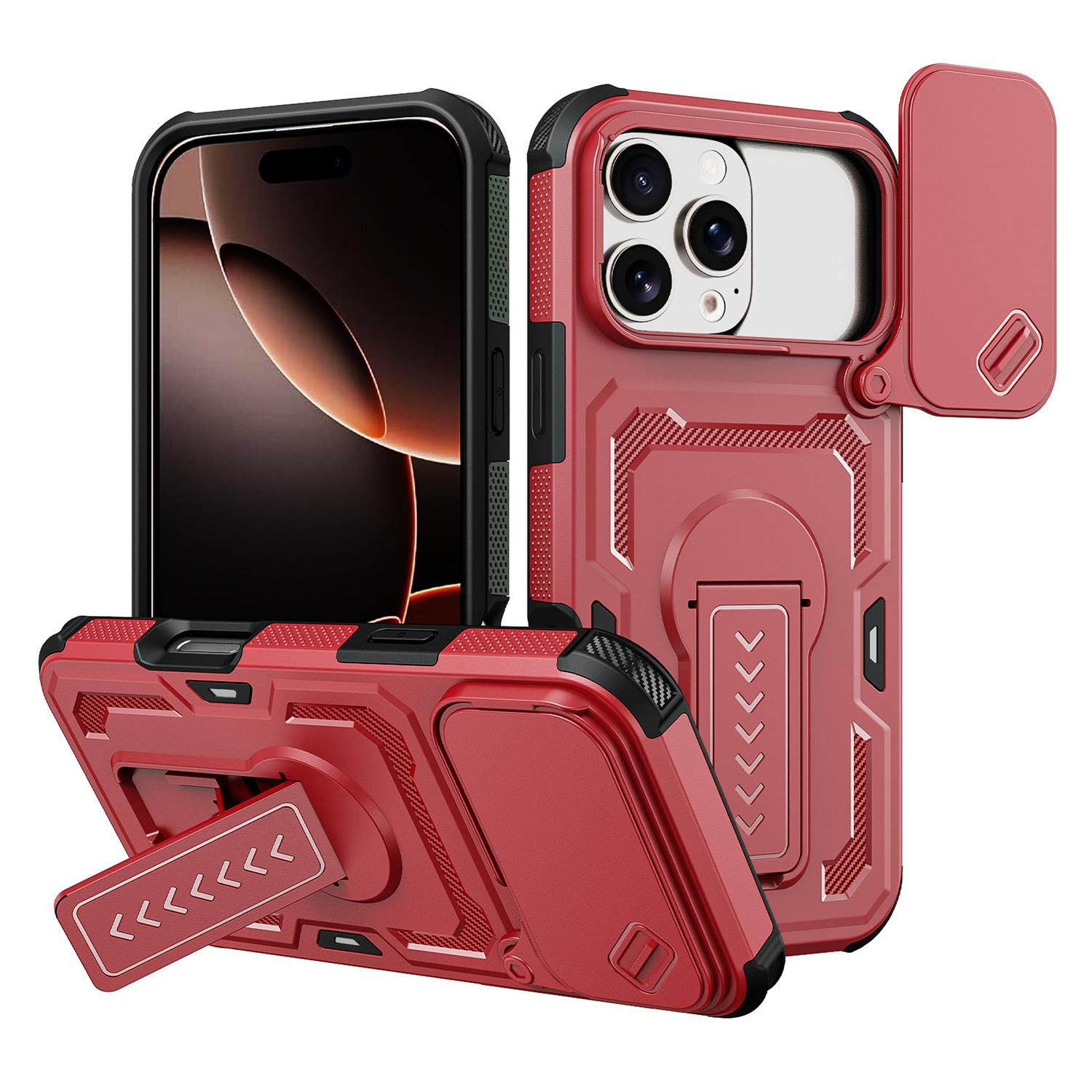 For iPhone 16 Pro Max Slid Camera Shield Invisible Holder PC Hybrid TPU Phone Case(Red) - Shopkiz.com