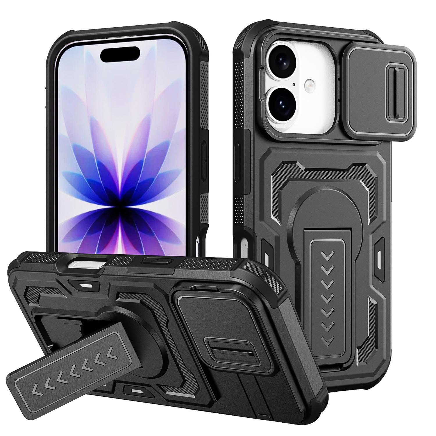 For iPhone 16 Pro Slid Camera Shield Invisible Holder PC Hybrid TPU Phone Case(Black) - Shopkiz.com