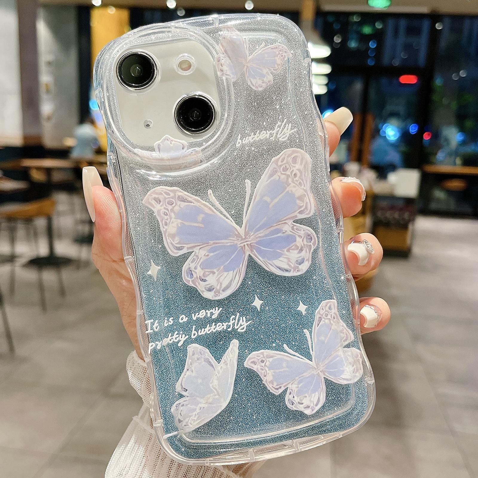 For iPhone 15 Plus Wavy Glitter Butterfly TPU Phone Case(Blue) - Shopkiz.com