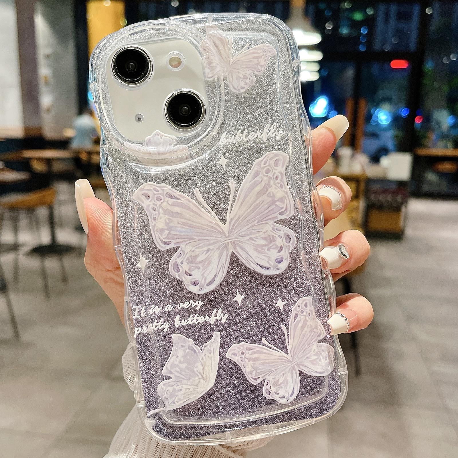 For iPhone 15 Plus Wavy Glitter Butterfly TPU Phone Case(Purple) - Shopkiz.com