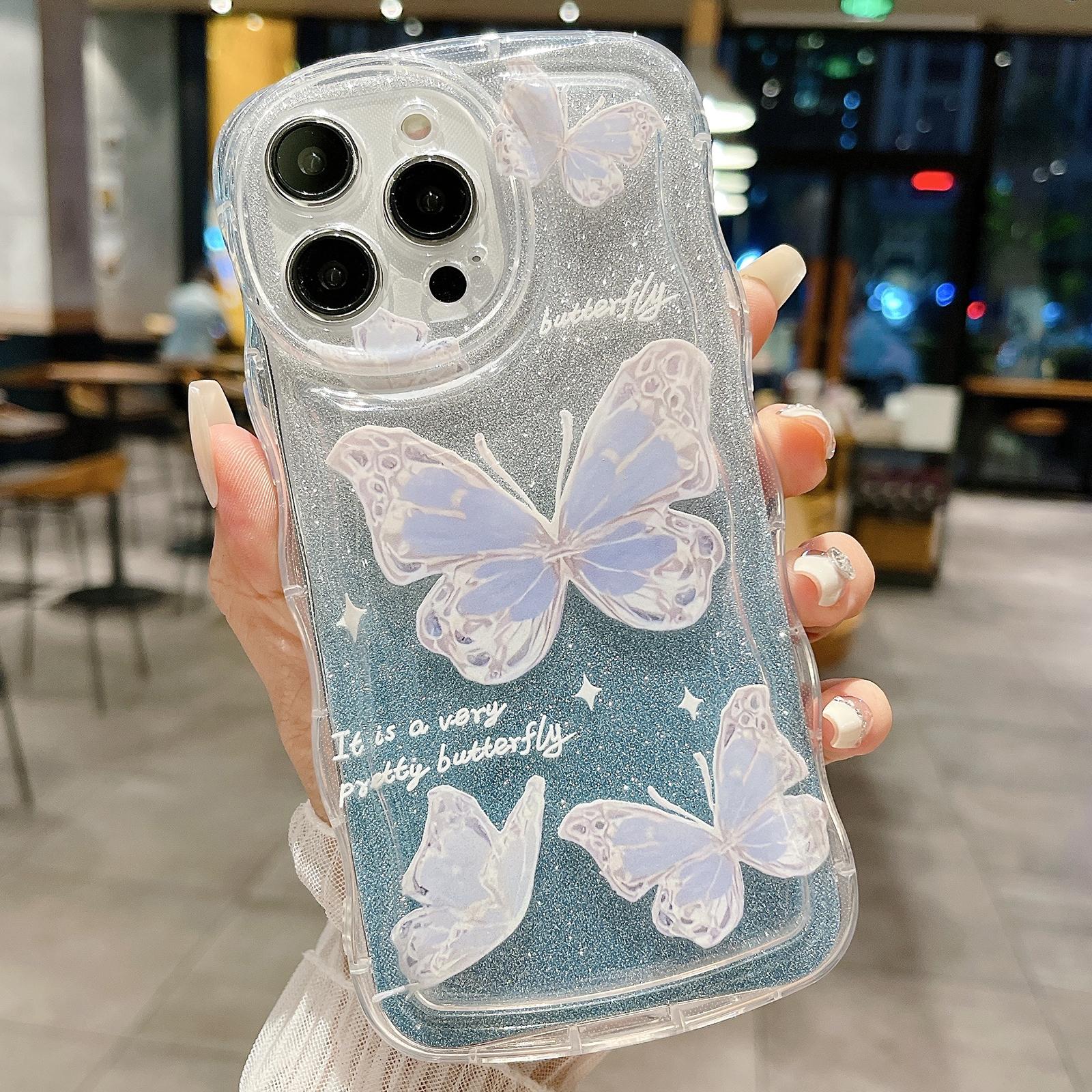 For iPhone 16 Pro Wavy Glitter Butterfly TPU Phone Case(Blue) - Shopkiz.com