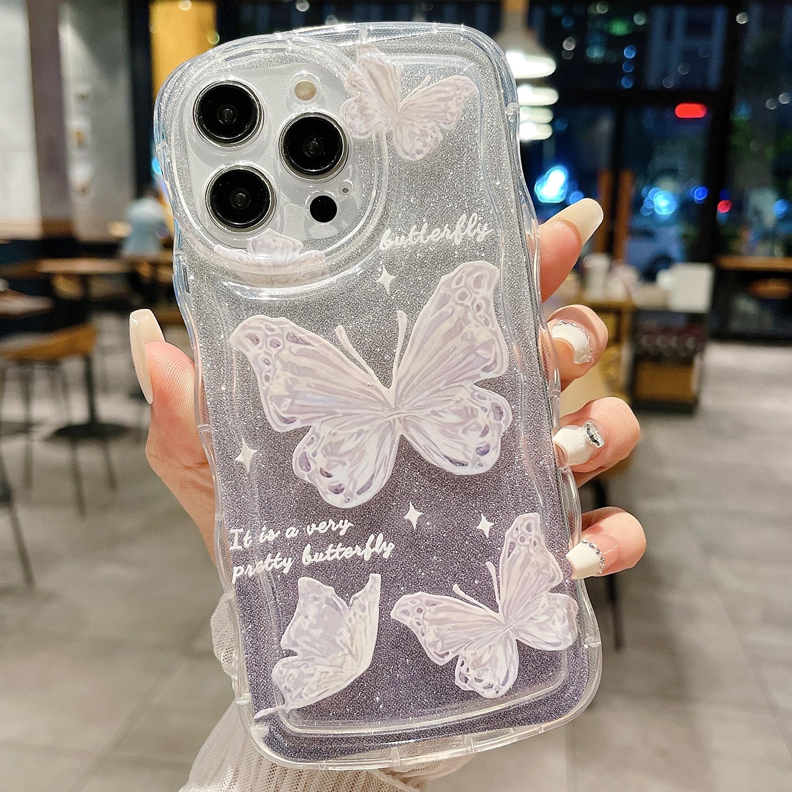 For iPhone 16 Pro Wavy Glitter Butterfly TPU Phone Case(Purple) - Shopkiz.com
