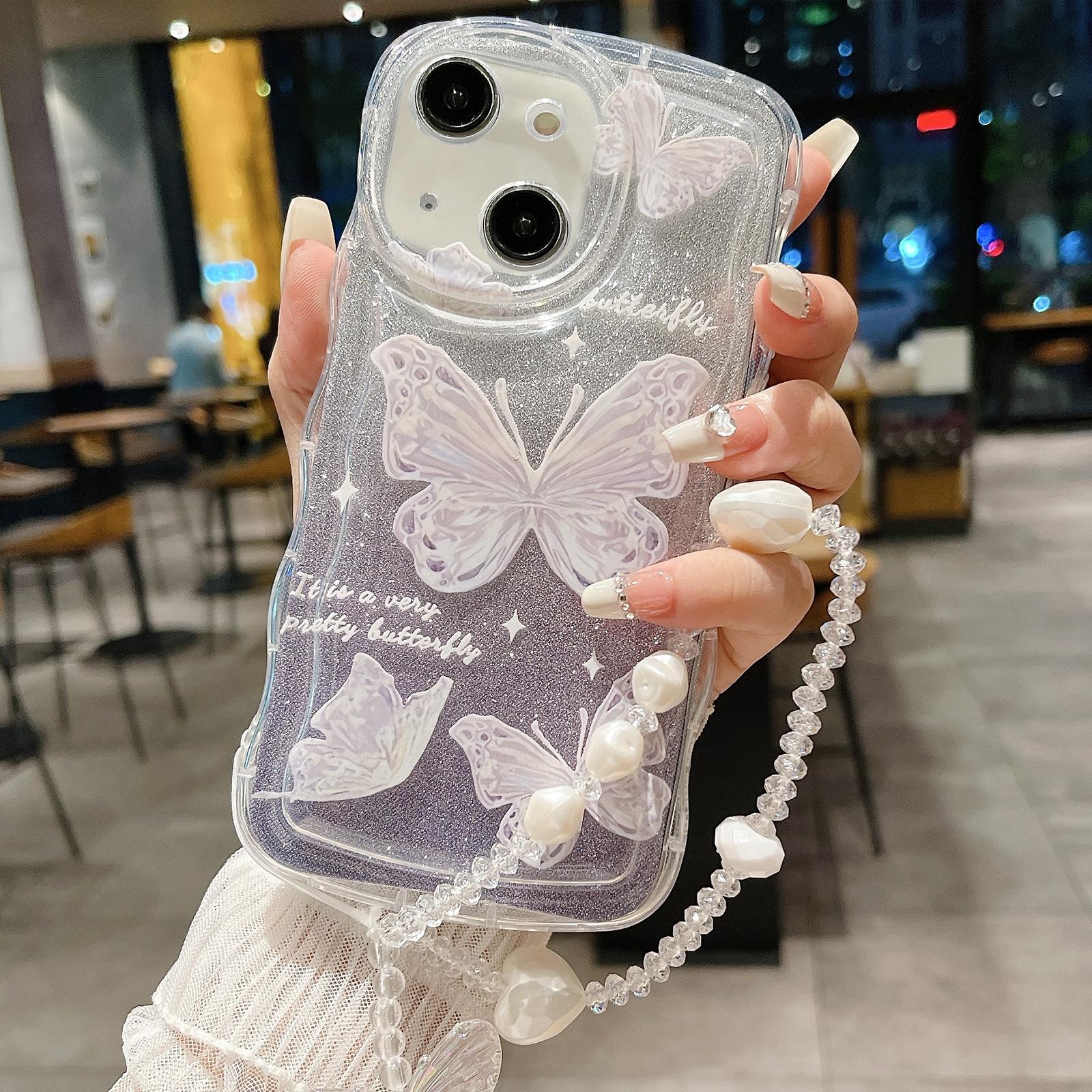 For iPhone 13 Wavy Glitter Butterfly TPU Phone Case with Bracelet Chain(Purple) - Shopkiz.com