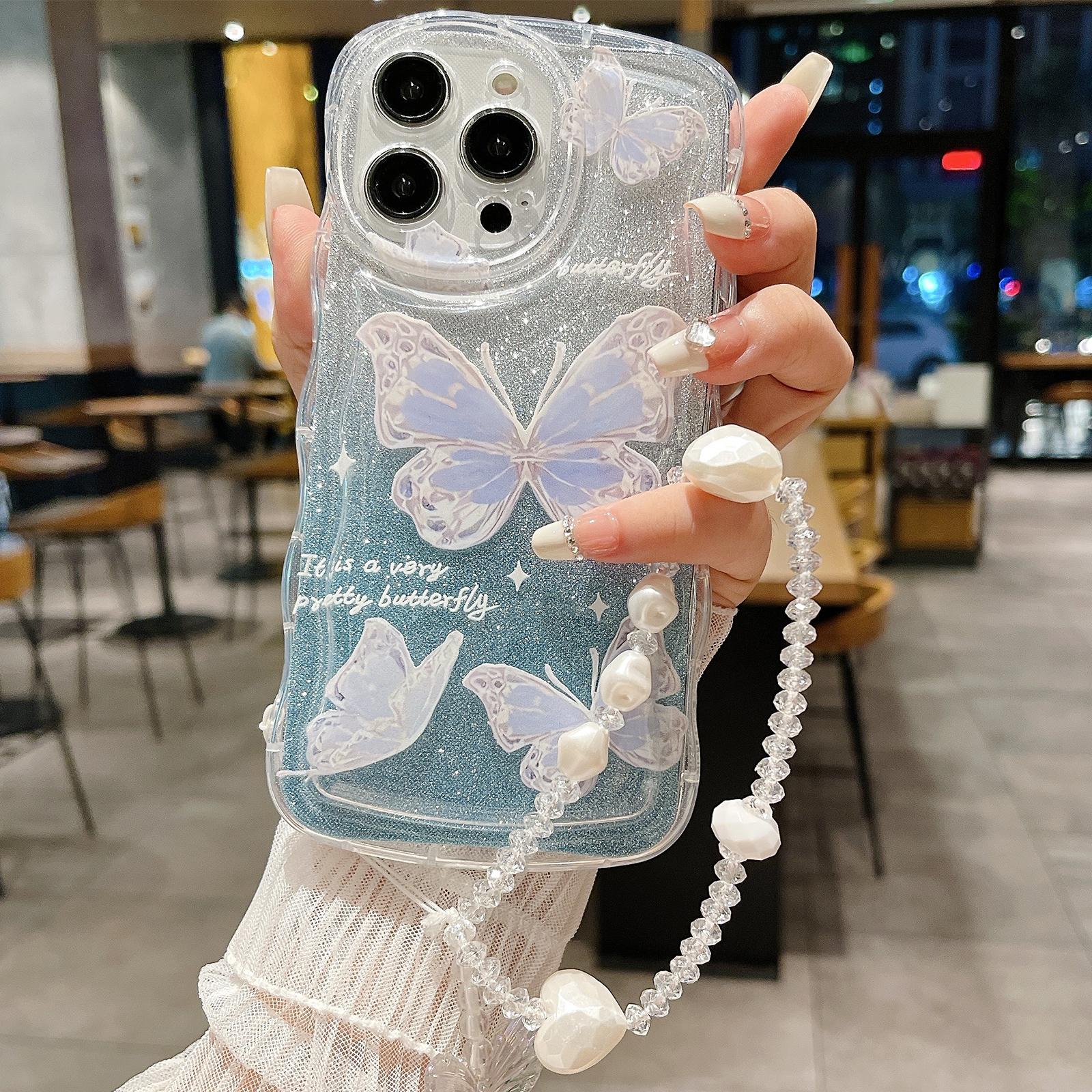 For iPhone 13 Pro Wavy Glitter Butterfly TPU Phone Case with Bracelet Chain(Blue) - Shopkiz.com