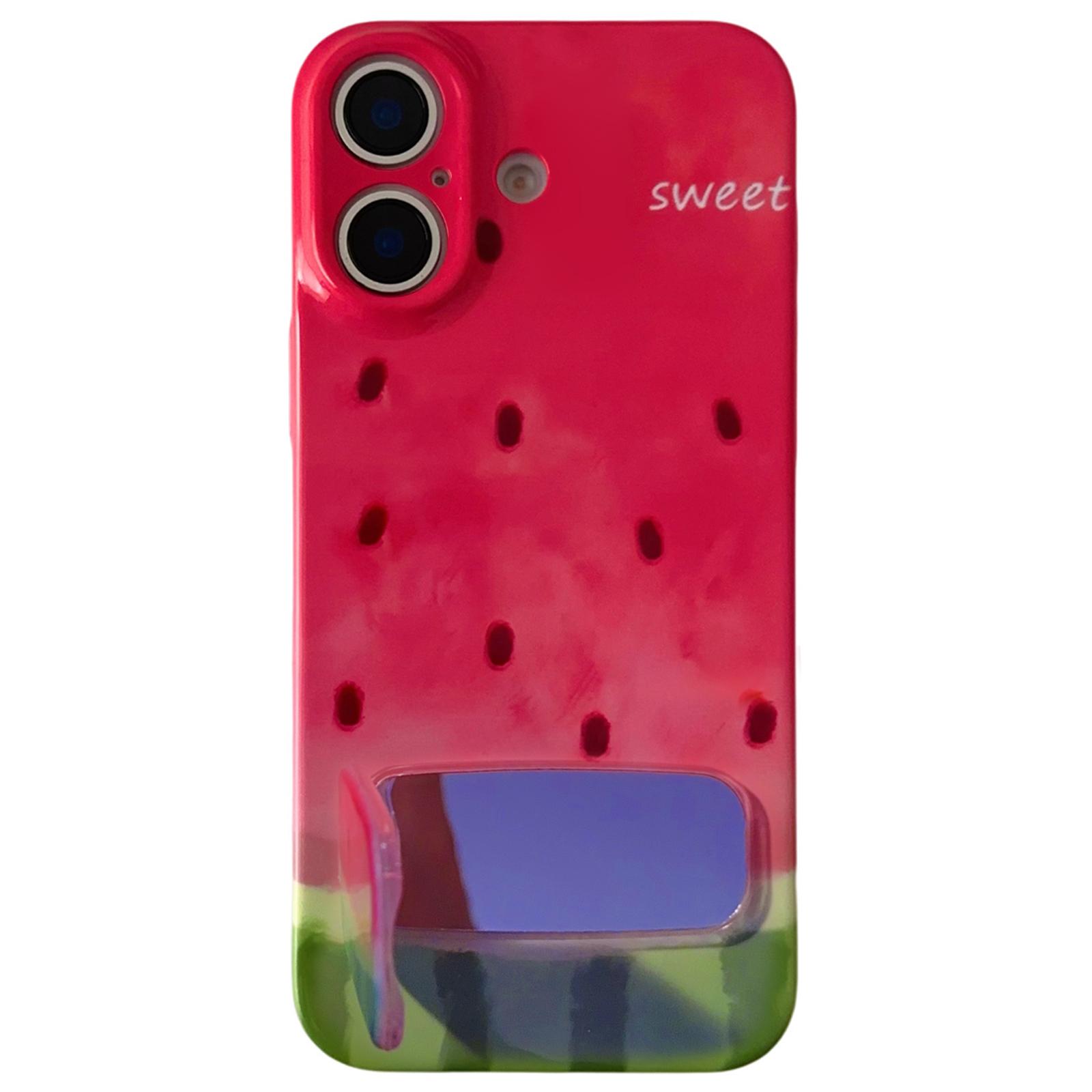 For iPhone 16 Plus Watercolor Watermelon Pattern Holder PC Phone Case(Red) - Shopkiz.com