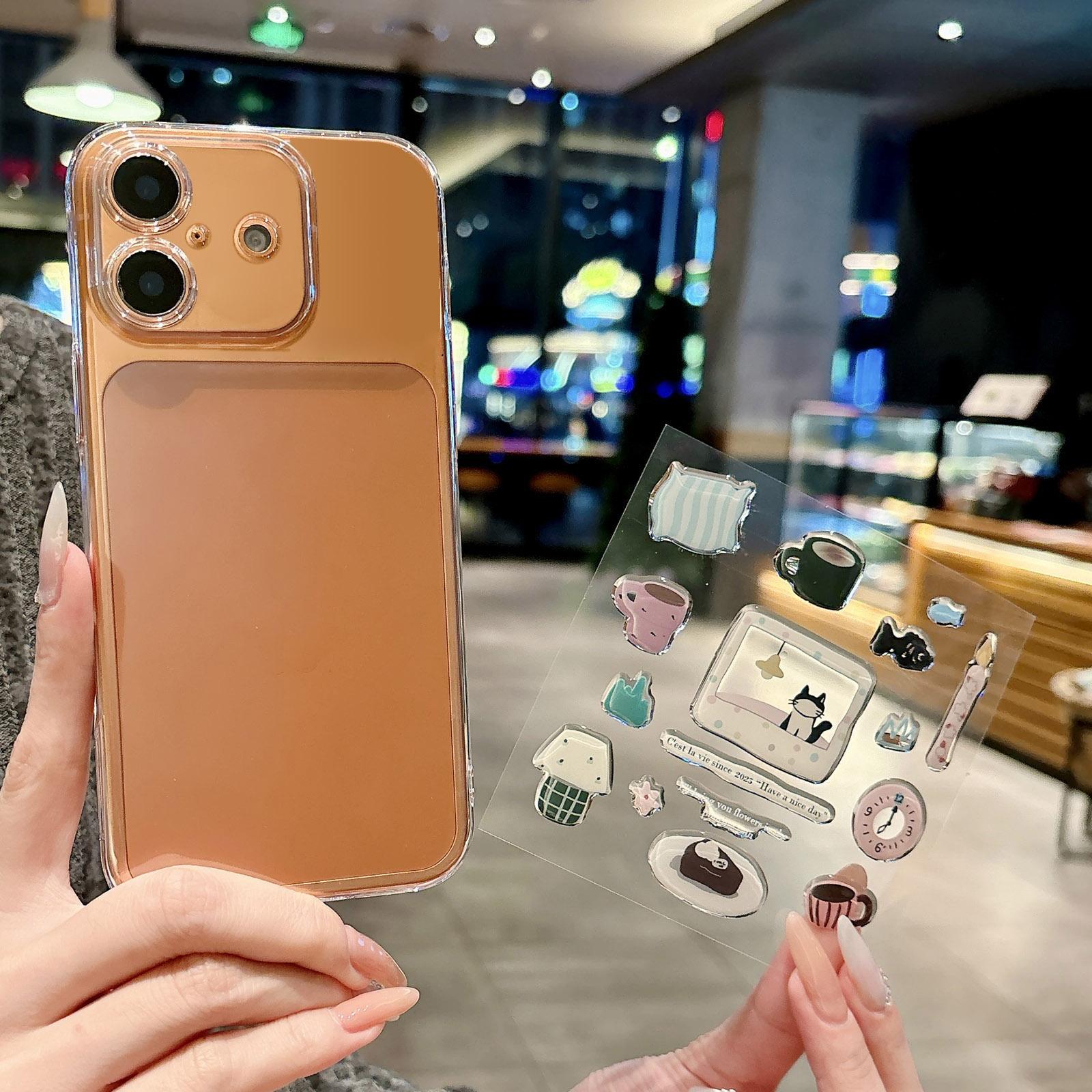 For iPhone 17 Precise Hole Shockproof Clear PC Phone Case with Resin Sticker(Alarm Clock Kitten) - Shopkiz.com