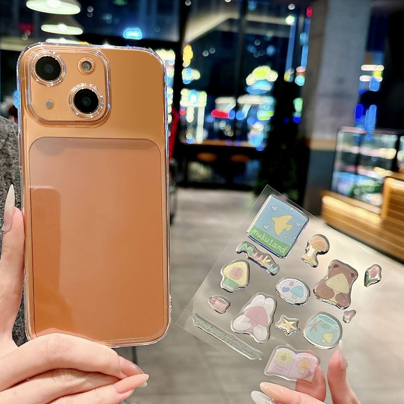 For iPhone 15 Precise Hole Shockproof Clear PC Phone Case with Resin Sticker(Mushroom Bear Rabbit) - Shopkiz.com