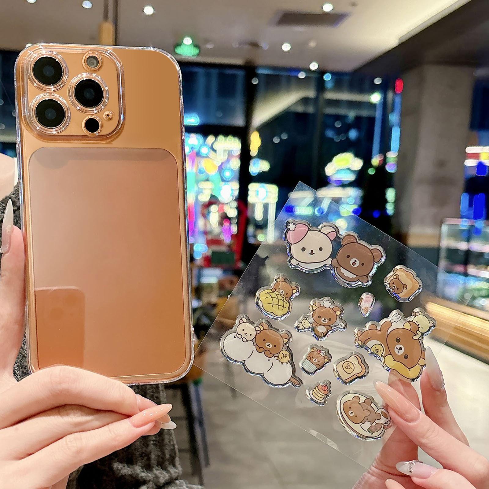 For iPhone 14 Pro Max Precise Hole Shockproof Clear PC Phone Case with Resin Sticker(Bread Brown Bear) - Shopkiz.com