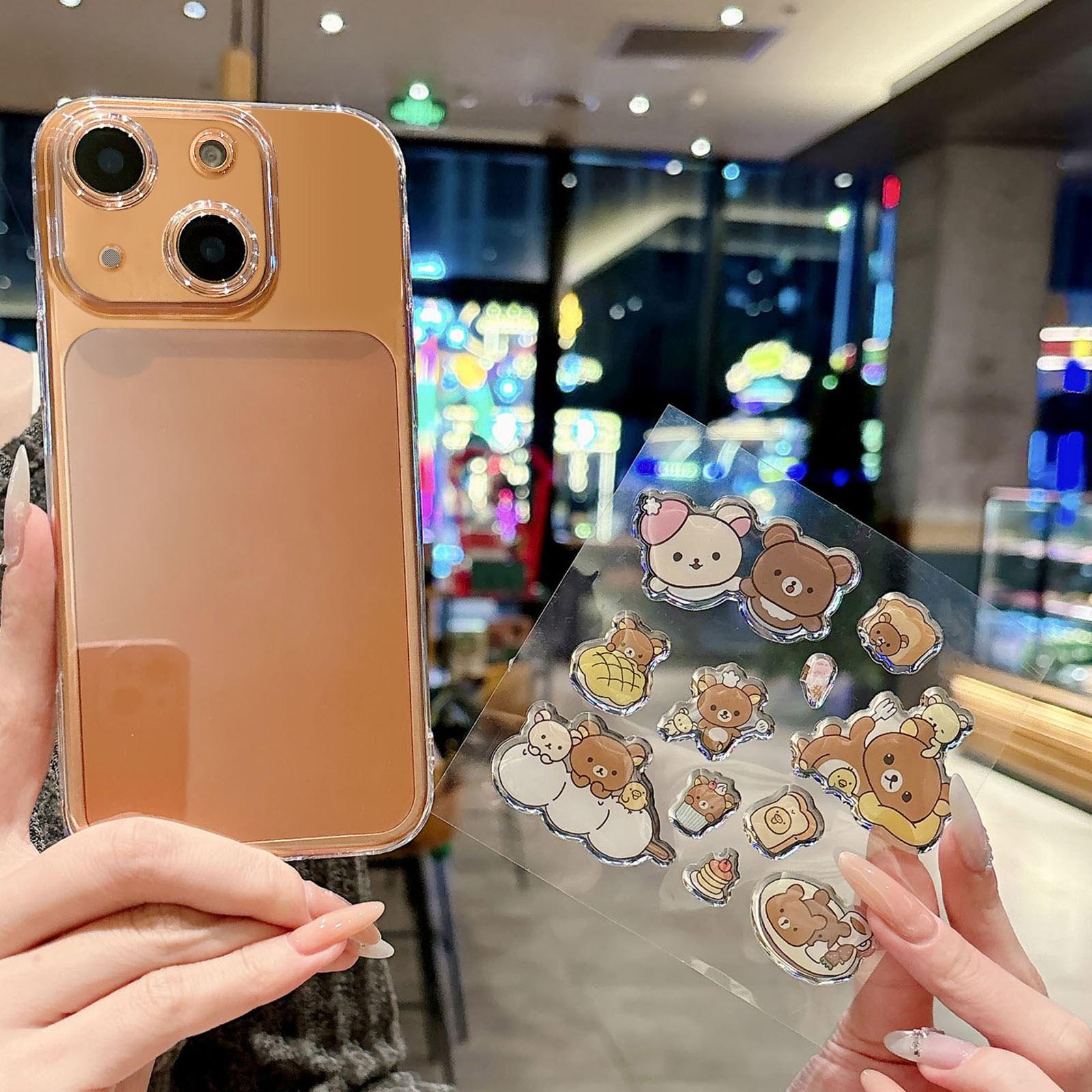 For iPhone 13 Precise Hole Shockproof Clear PC Phone Case with Resin Sticker(Bread Brown Bear) - Shopkiz.com