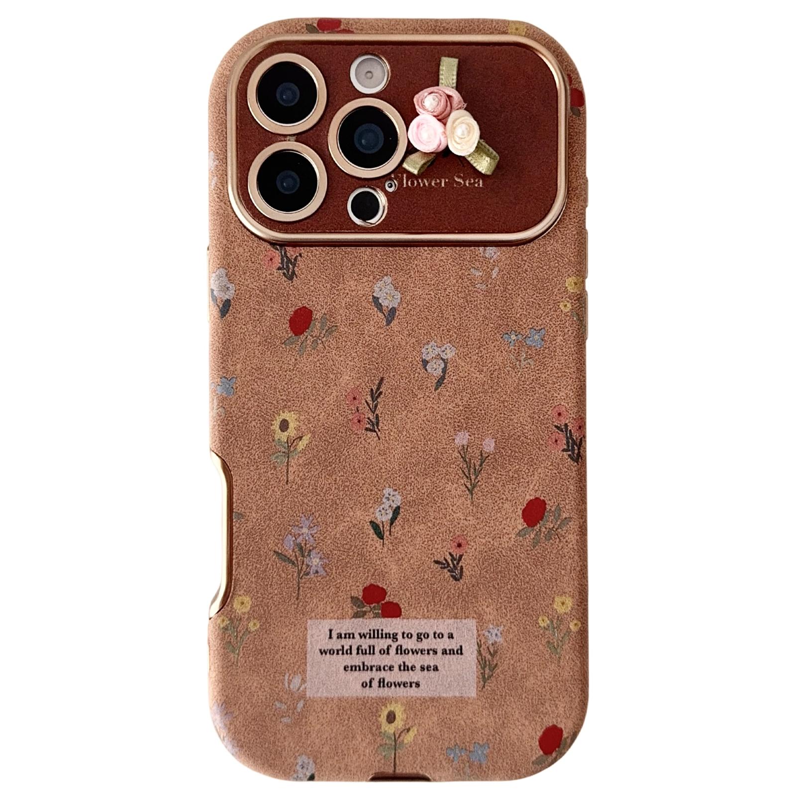 For iPhone 16 Pro Max Large Window Desert Gold Small Floral Soft TPU Phone Case(3D Ribbon Flowers) - Shopkiz.com