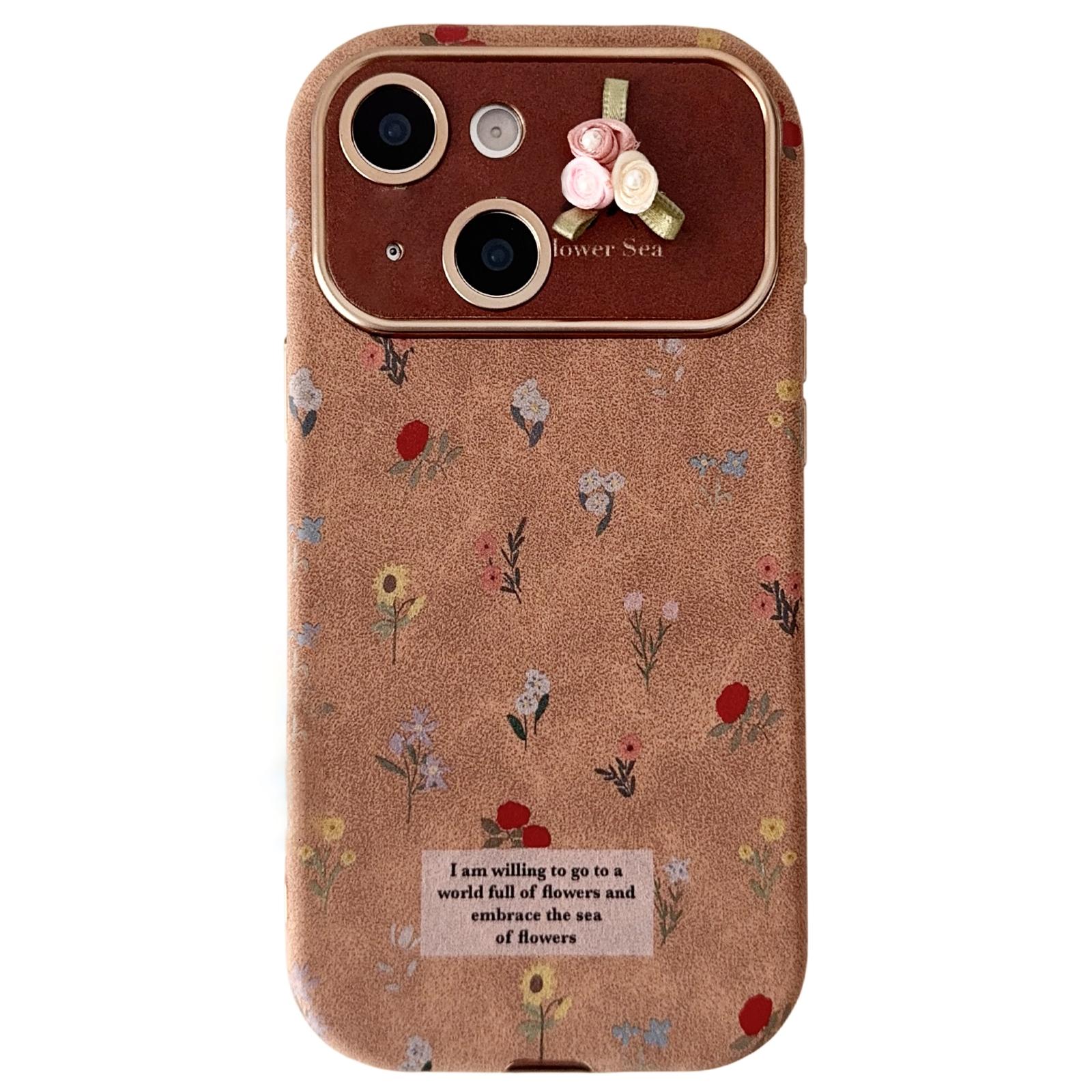 For iPhone 15 Plus Large Window Desert Gold Small Floral Soft TPU Phone Case(3D Ribbon Flowers) - Shopkiz.com
