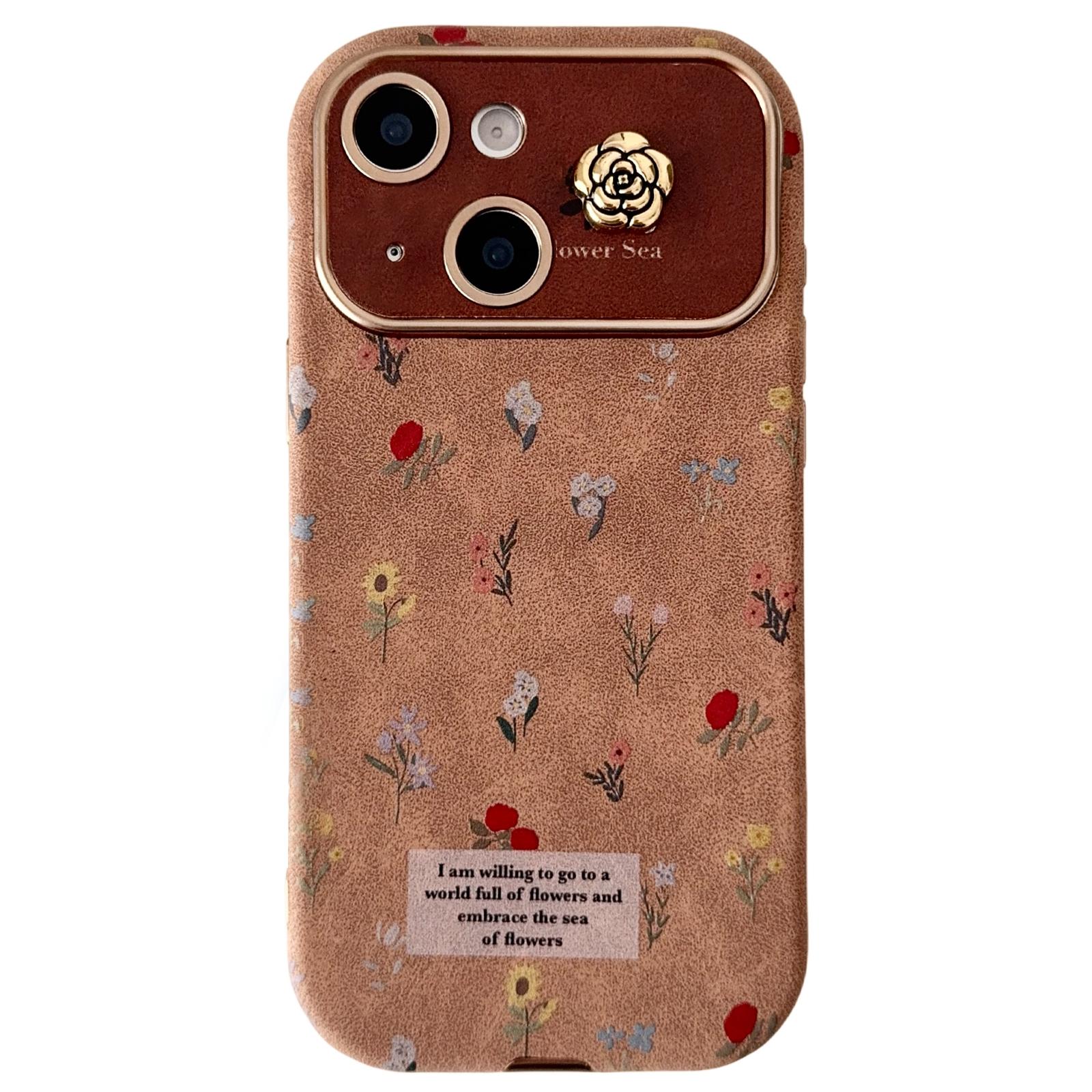 For iPhone 14 Plus Large Window Desert Gold Small Floral Soft TPU Phone Case(Gold Camellia) - Shopkiz.com