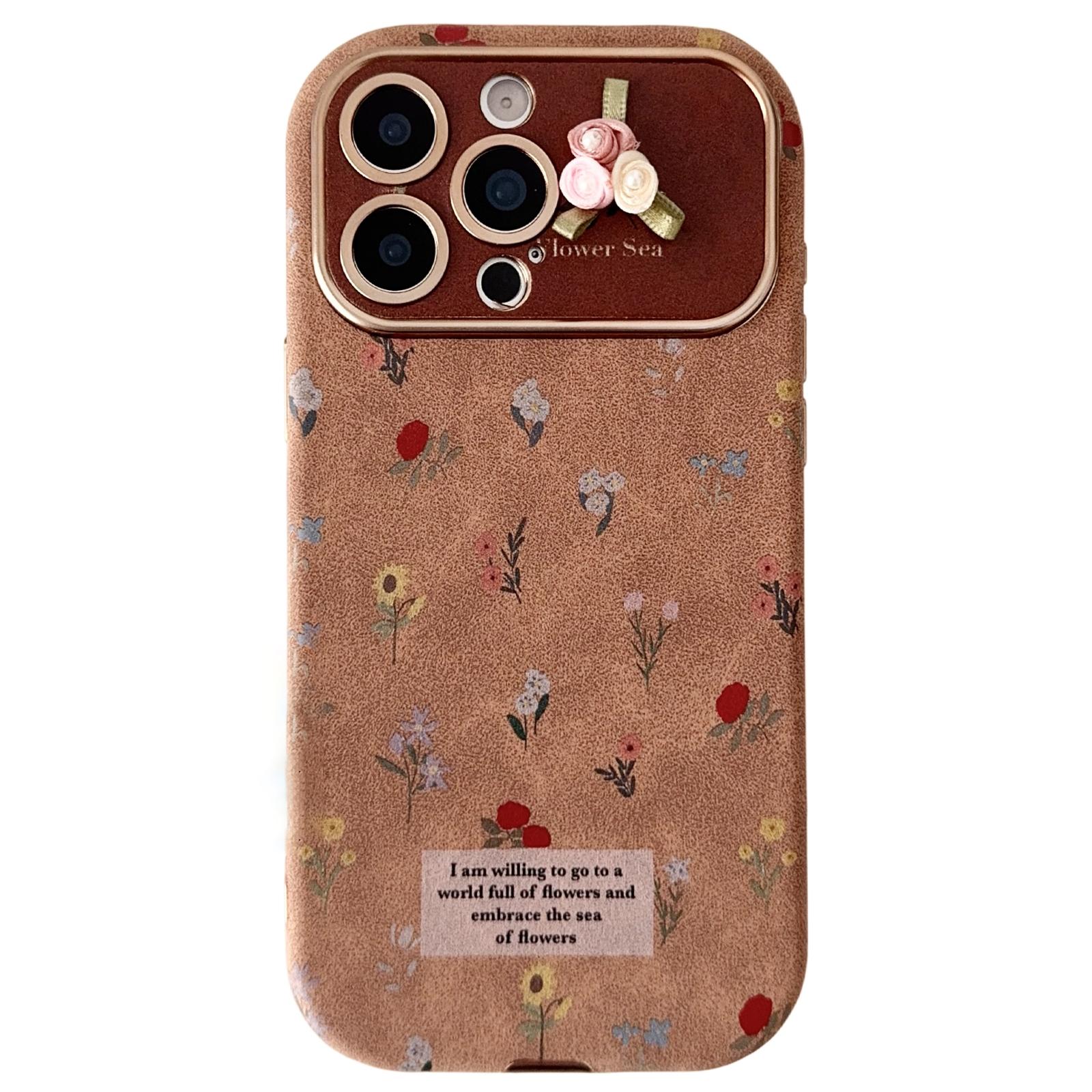For iPhone 14 Pro Large Window Desert Gold Small Floral Soft TPU Phone Case(3D Ribbon Flowers) - Shopkiz.com