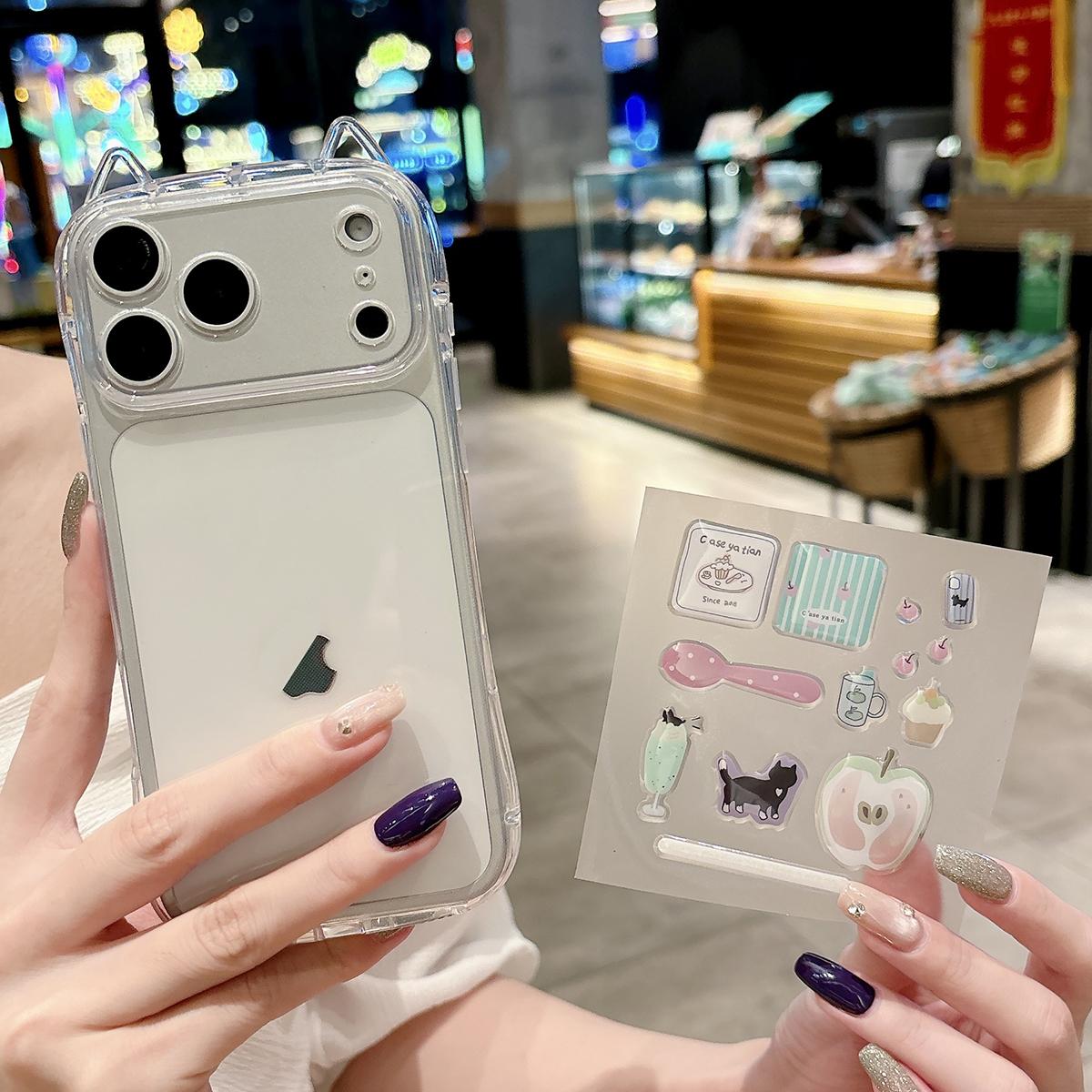 For iPhone 17 Pro Cat-Ear Style Transparent PC Phone Case with Resin Sticker(Green Apple) - Shopkiz.com