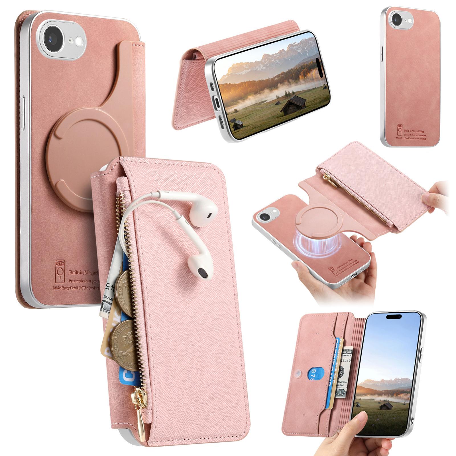 For iPhone 17e / 16e CaseNeo Precision Hole Silver-Edged Magnetic Zipper Wallet Cross-Grain Vegan Leather Phone Case(Pink) - Shopkiz.com