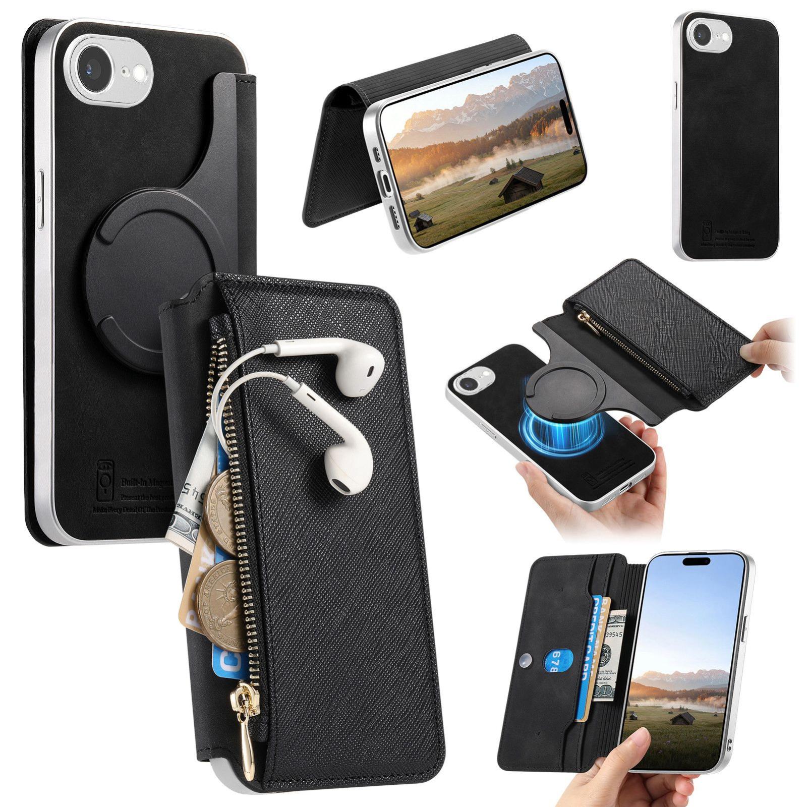 For iPhone 17e / 16e CaseNeo Precision Hole Silver-Edged Magnetic Zipper Wallet Cross-Grain Vegan Leather Phone Case(Black) - Shopkiz.com