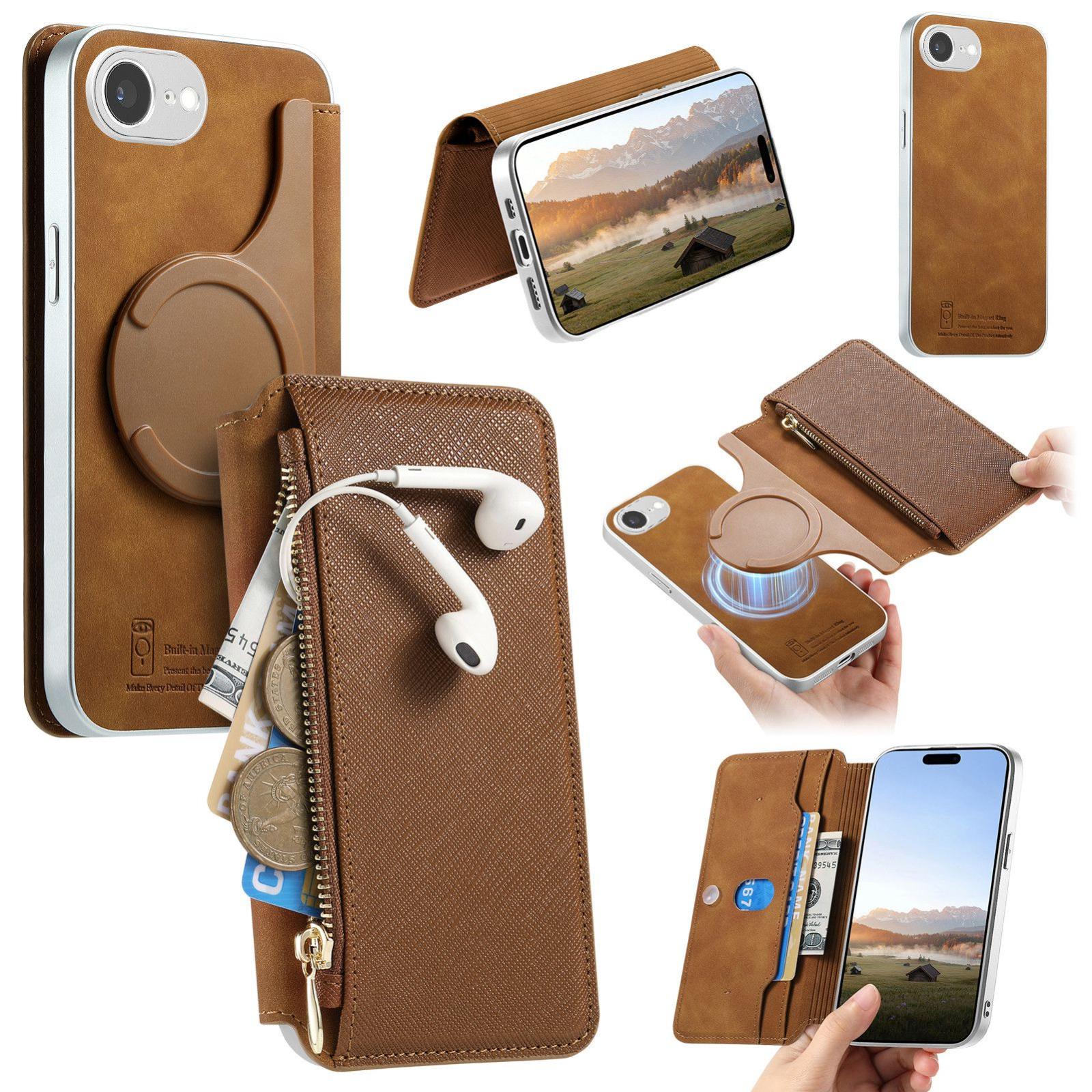 For iPhone 17e / 16e CaseNeo Precision Hole Silver-Edged Magnetic Zipper Wallet Cross-Grain Vegan Leather Phone Case(Brown) - Shopkiz.com