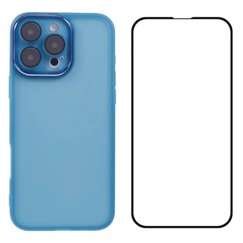 For iPhone 16 Pro Max WANLONFENG Electroplated Frame Translucent TPU Phone Case with Screen Film(Blue) - Shopkiz.com
