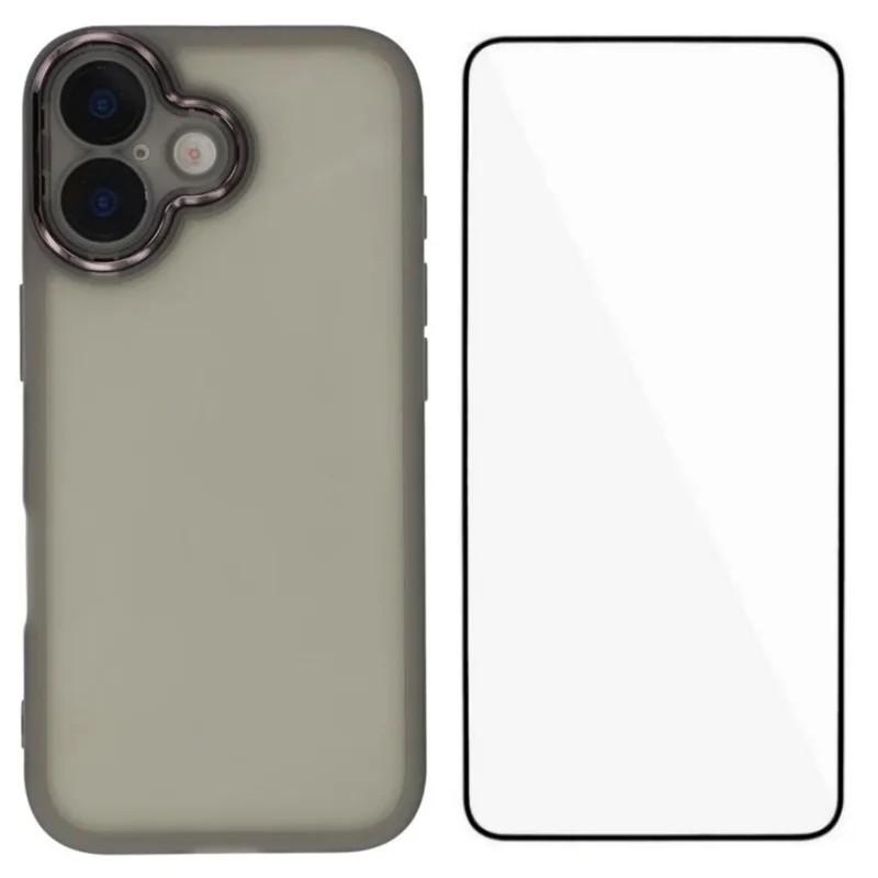 For iPhone 16 WANLONFENG Electroplated Frame Translucent TPU Phone Case with Screen Film(Black) - Shopkiz.com