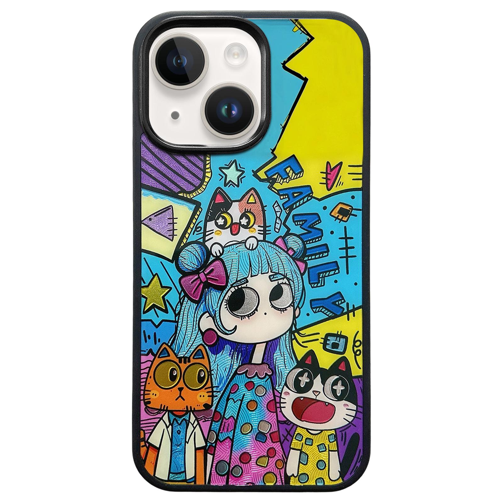 For iPhone 14 Cat and Girl Pattern PC Hybrid TPU Phone Case(Black) - Shopkiz.com