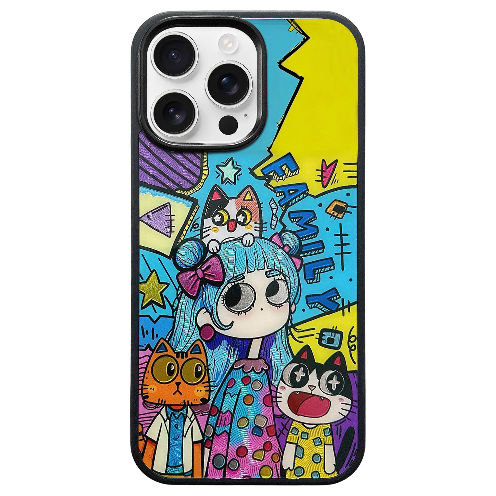 For iPhone 14 Pro Max Cat and Girl Pattern PC Hybrid TPU Phone Case(Black) - Shopkiz.com