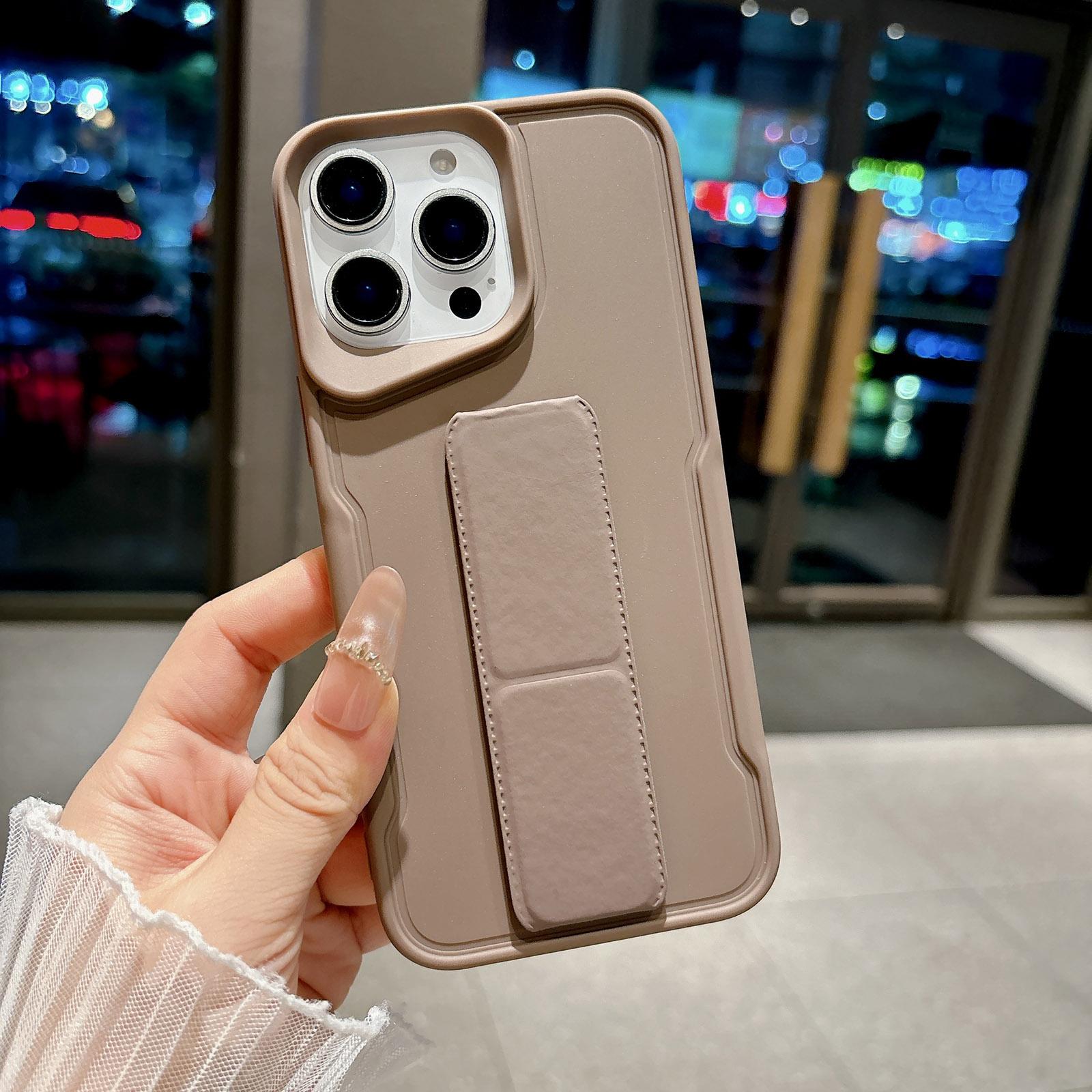 For iPhone 15 Pro Max Slim Waist Design Soft TPU Shockproof Phone Case with Fold Holder(Khaki) - Shopkiz.com
