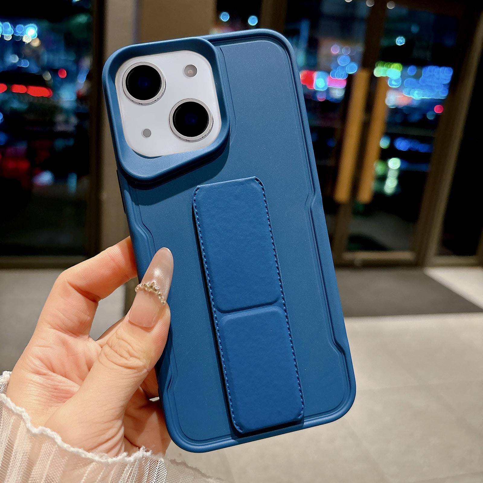For iPhone 14 Slim Waist Design Soft TPU Shockproof Phone Case with Fold Holder(Dark Blue) - Shopkiz.com