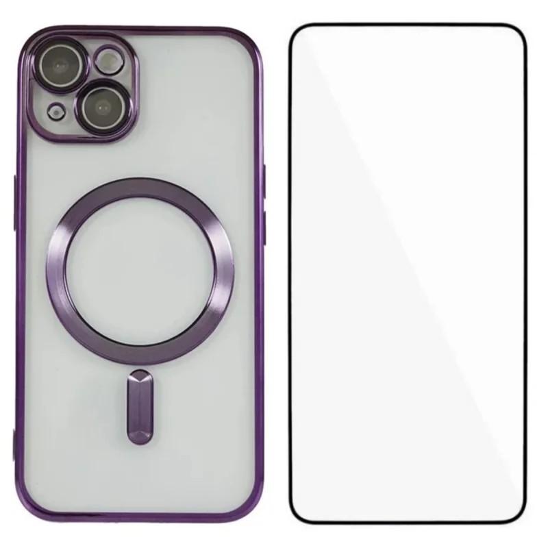 For iPhone 15 WANLONFENG CD Magnetic Electroplated TPU Phone Case with Screen Protector(Purple) - Shopkiz.com