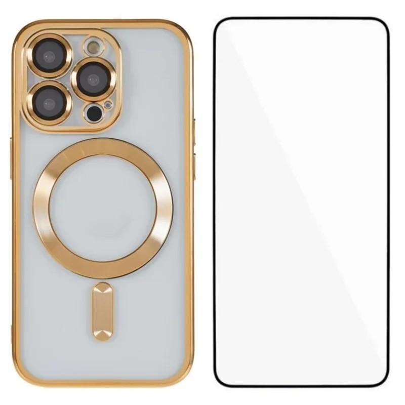 For iPhone 14 Pro WANLONFENG CD Magnetic Electroplated TPU Phone Case with Screen Protector(Gold) - Shopkiz.com