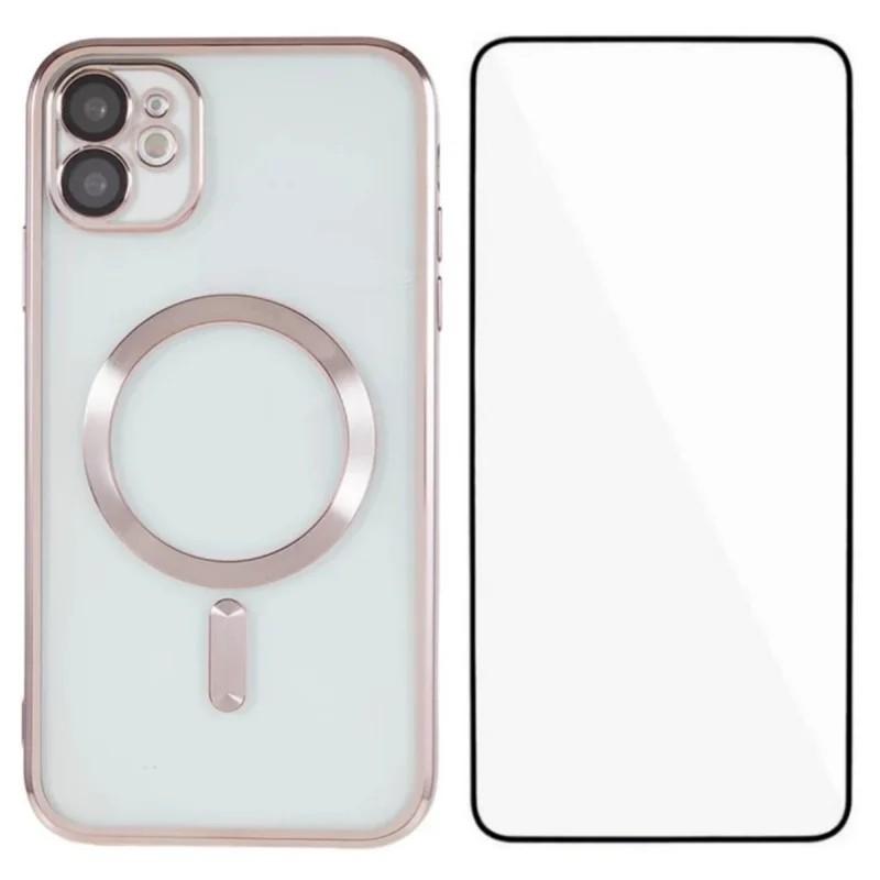 For iPhone 12 WANLONFENG CD Magnetic Electroplated TPU Phone Case with Screen Protector(Pink) - Shopkiz.com