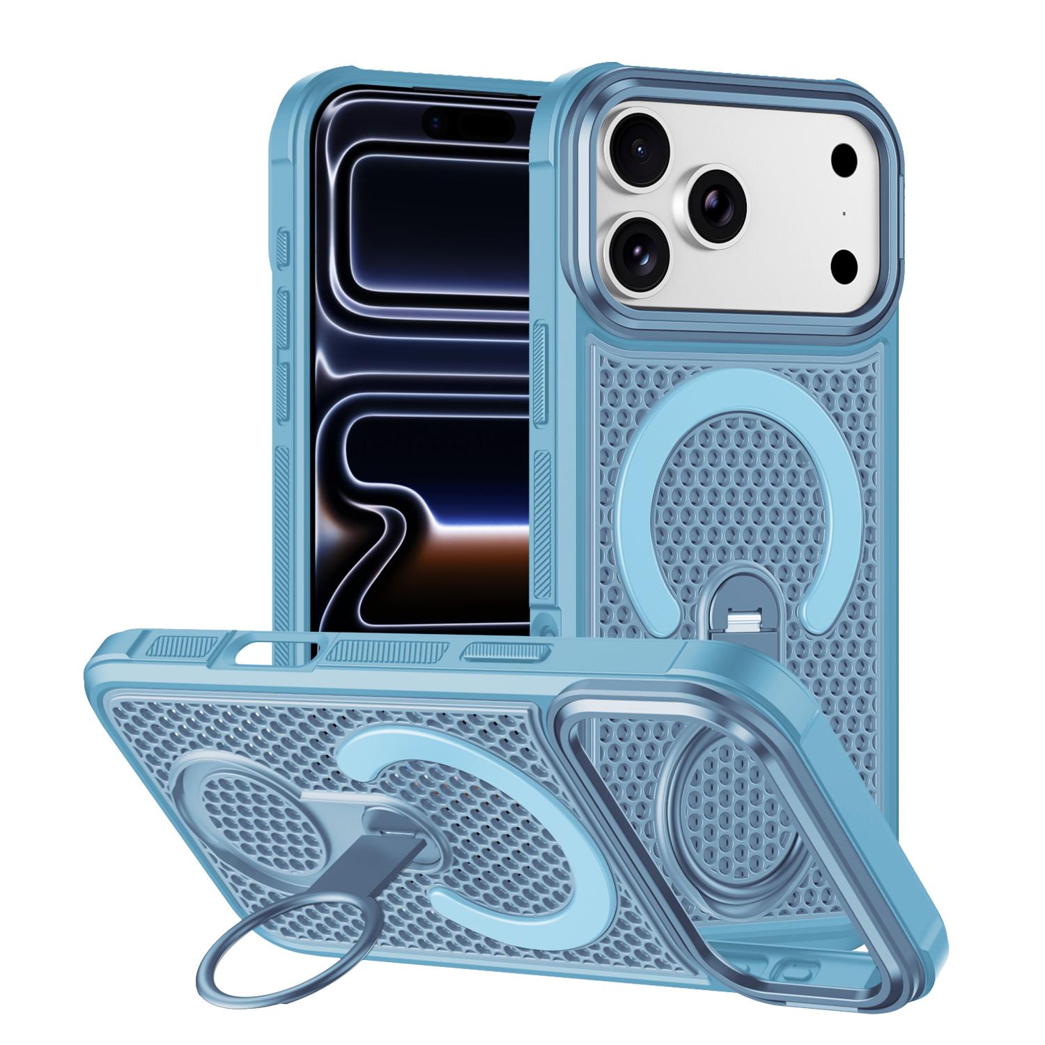 For iPhone 17 Pro Colorful Hollowed Cooling 360 Degree Rotation Ring Holder Magnetic Phone Case(Light Blue) - Shopkiz.com
