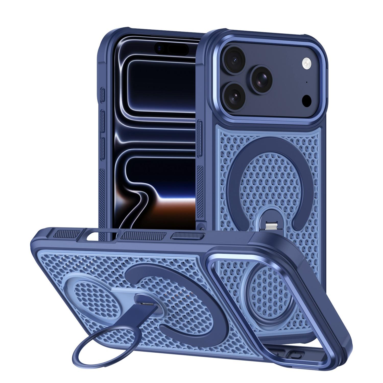 For iPhone 18 Pro Max Colorful Hollowed Cooling 360 Degree Rotation Ring Holder Magnetic Phone Case(Blue) - Shopkiz.com