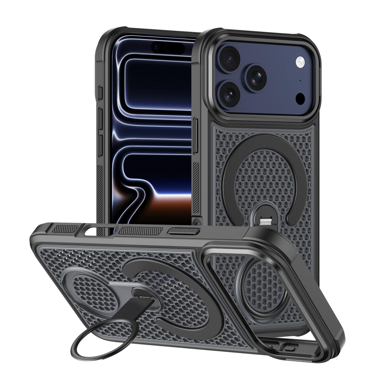For iPhone 18 Pro Max Colorful Hollowed Cooling 360 Degree Rotation Ring Holder Magnetic Phone Case(Black) - Shopkiz.com